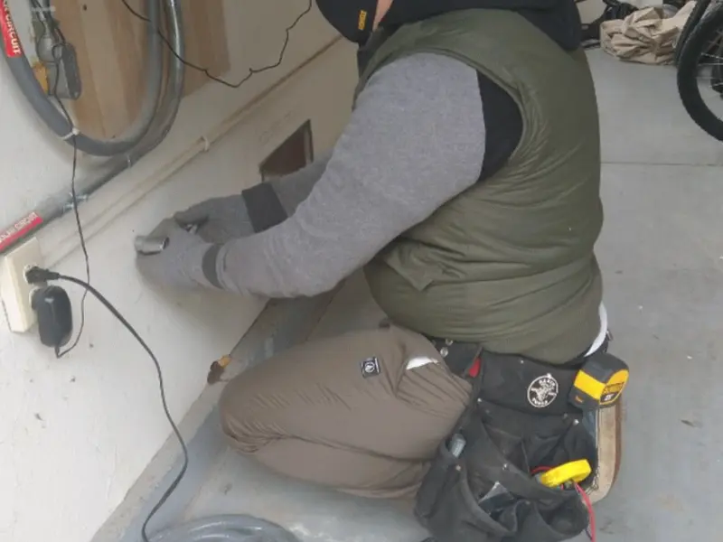 Electrician performing outlet wiring in a Telford garage
